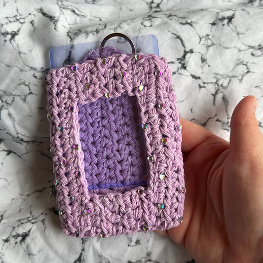 Crochet Lavender Photocard Holder with Heart Rhinestones