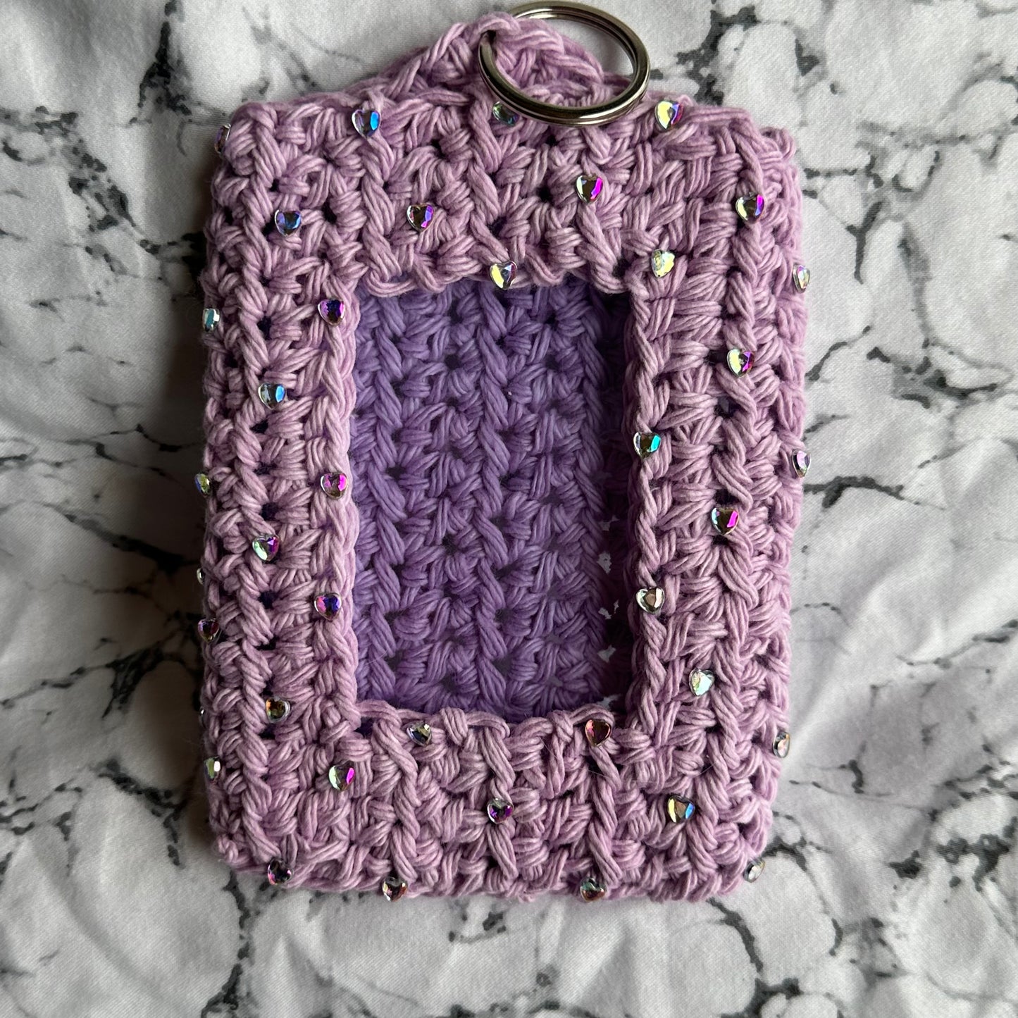 Crochet Lavender Photocard Holder with Heart Rhinestones
